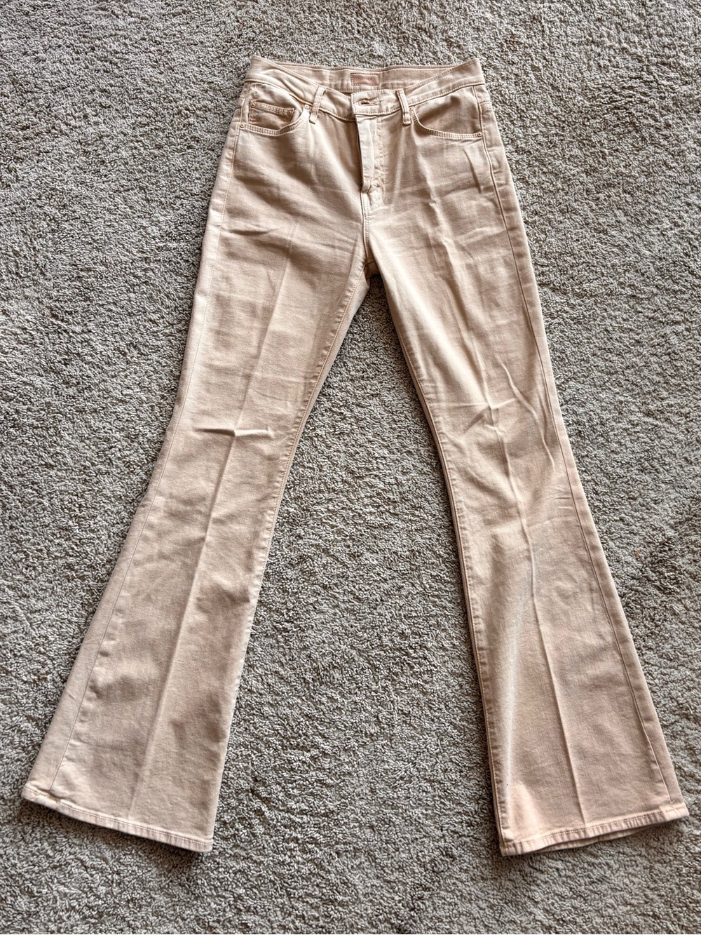 MOTHER The Weekender Fray Jeans Marzipan Tan Mid Rise Flare Size 27